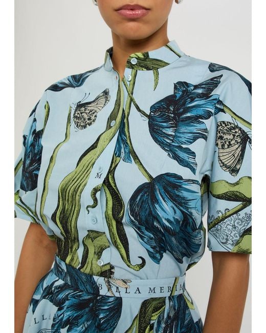 Erdem Blue Printed Cotton-Poplin Blouse