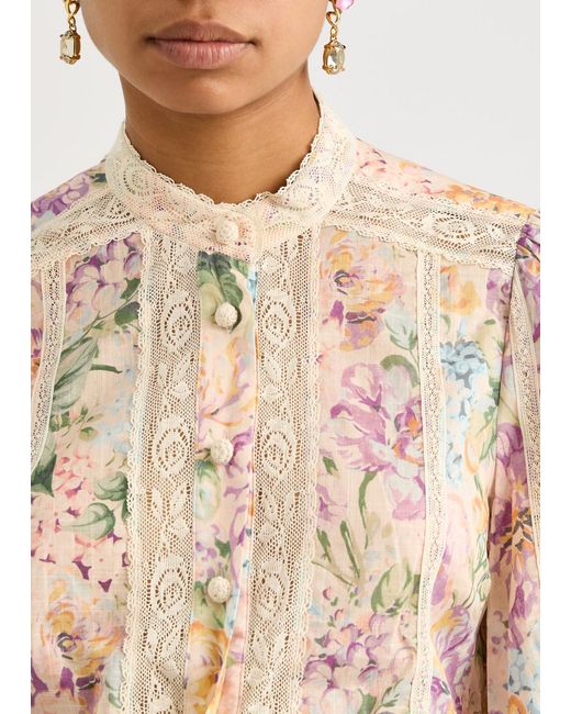Zimmermann Pink Halliday Lace-Panelled Floral-Print Cotton Shirt