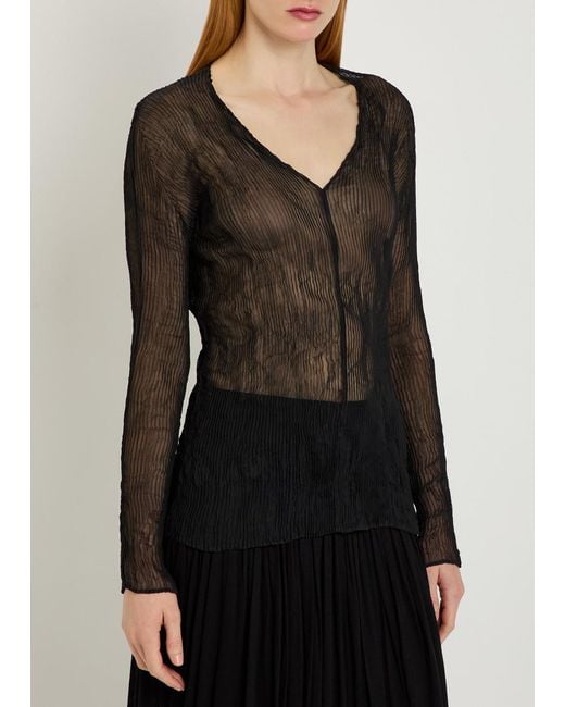 Issey Miyake Black Twist V-Neck Semi-Sheer Chiffon Top