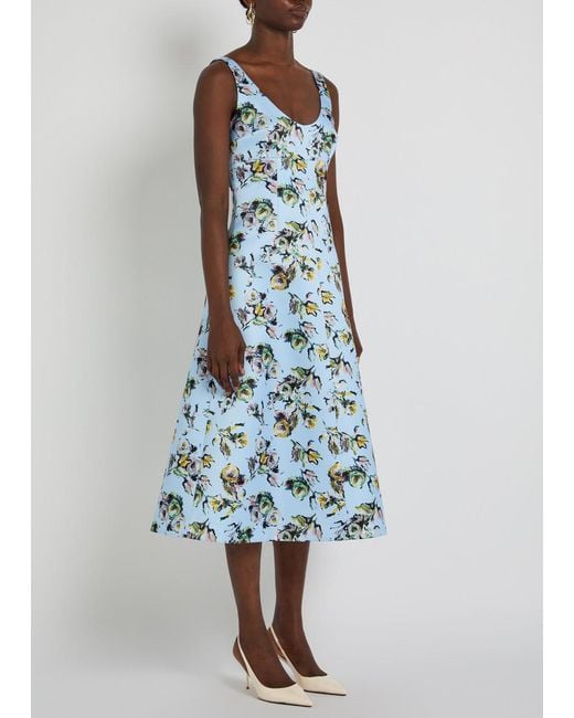 Emilia Wickstead Blue Abella Floral-Print Satin Midi Dress