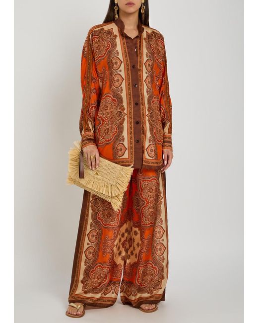 Zimmermann Orange Mohon Printed Silk Shirt