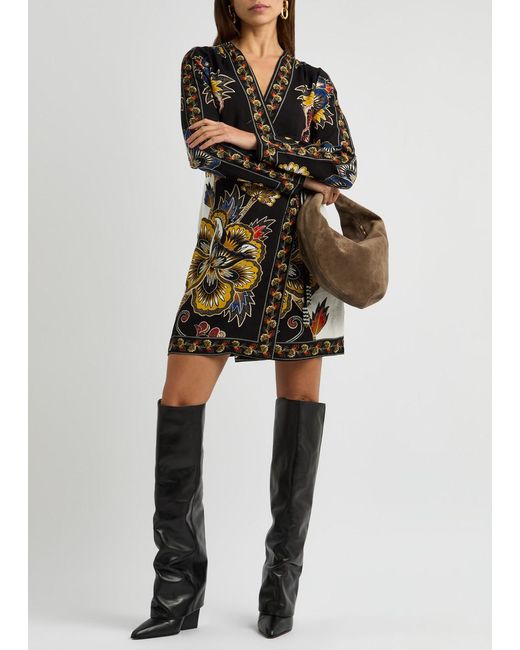 Farm Rio Black Maxi Floral-Print Crepe Wrap Mini Dress