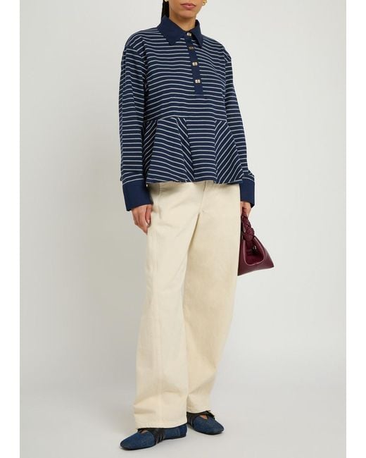 Ganni Blue Striped Peplum Piqué Cotton Polo Shirt