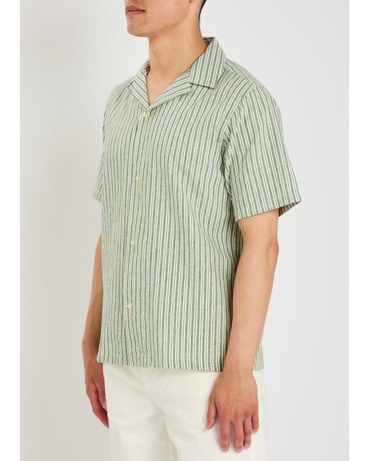 Les Deux Green Striped Cotton And Linen-Blend Shirt for men