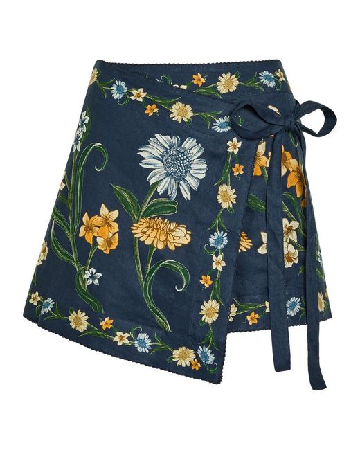 Agua Bendita Blue Luna Floral-Print Linen Mini Wrap Skirt