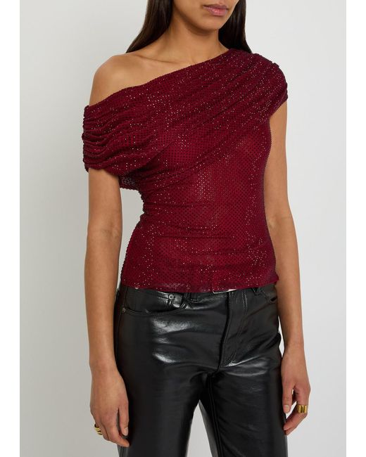 Self-Portrait Red Rhinestone-Embellished Draped Stretch-Mesh Top