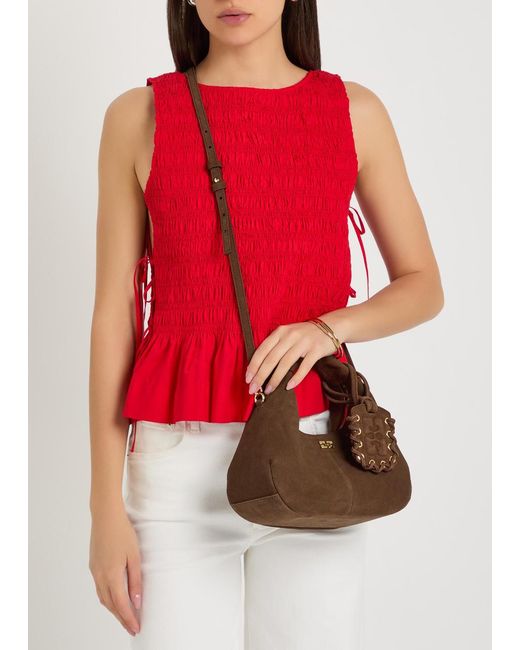 Ganni Brown Hobo Mini Logo Suede Top Handle Bag