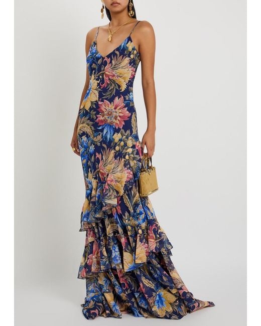 Etro Blue Floral-Print Chiffon Maxi Dress