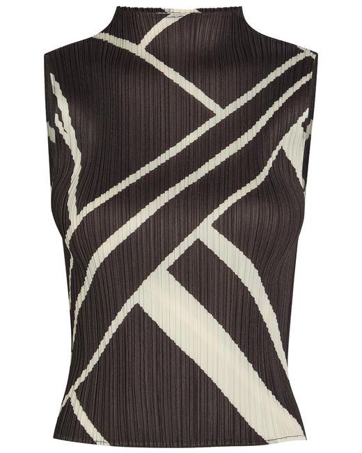 Pleats Please Issey Miyake Black Pleated Printed Woven Top