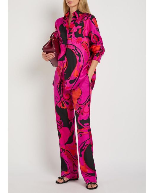 Emilio Pucci Pink Printed Straight-Leg Silk Trousers