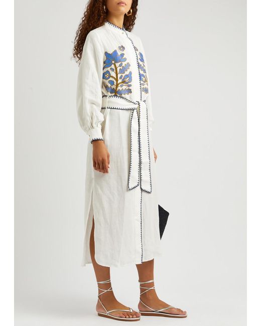 Lug Von Siga White Amira Embroidered Linen-Blend Midi Dress