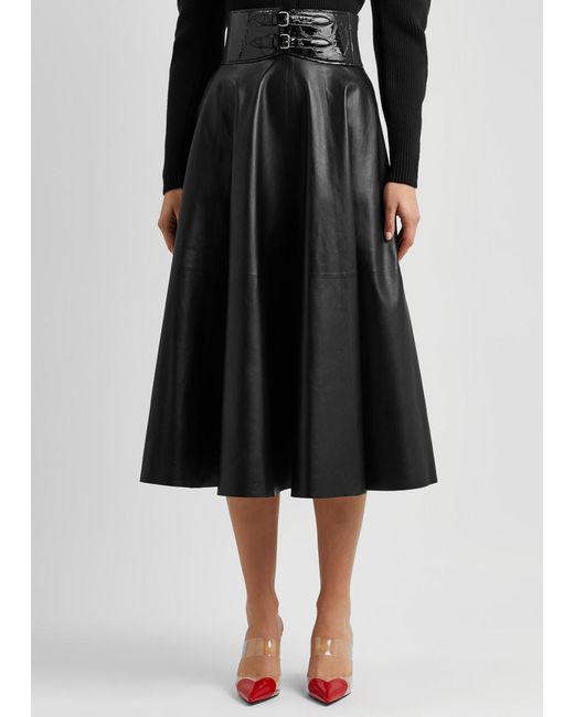 Alaïa Black Alaïa Belted Leather Midi Skirt
