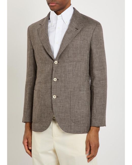 Brunello Cucinelli Brown Houndstooth Linen Blazer for men