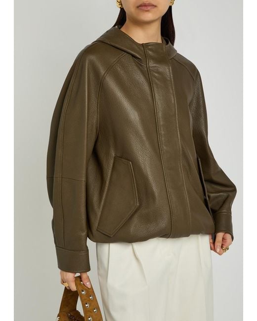 Nour Hammour Green Hooded Grained Leather Jacket