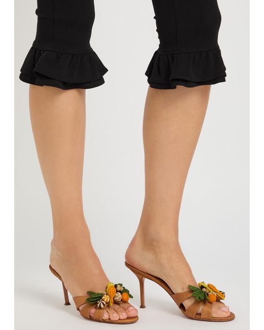 Aquazzura Brown Birdsong 75 Appliquéd Woven Raffia Mules