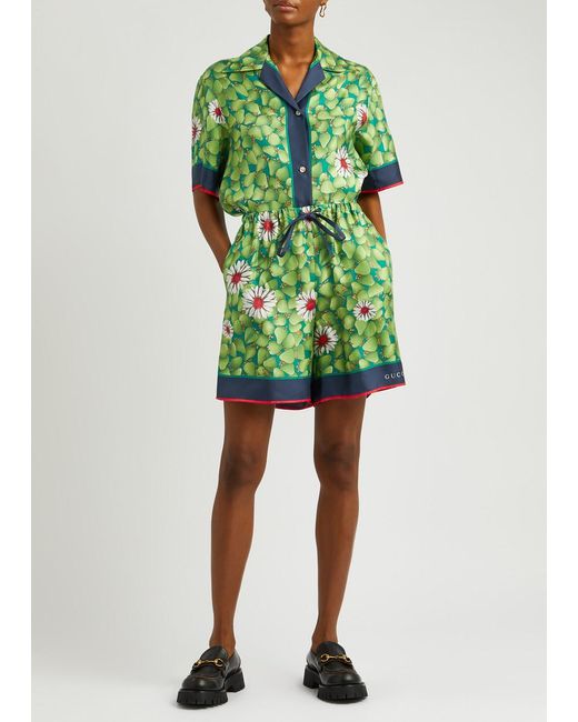Gucci Green Printed Silk-satin Shorts
