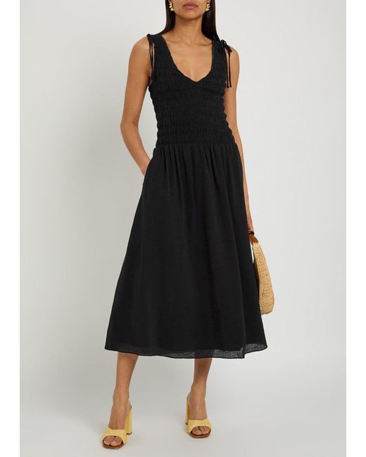 PAIGE Black Sebestian Shirred Woven Midi Dress