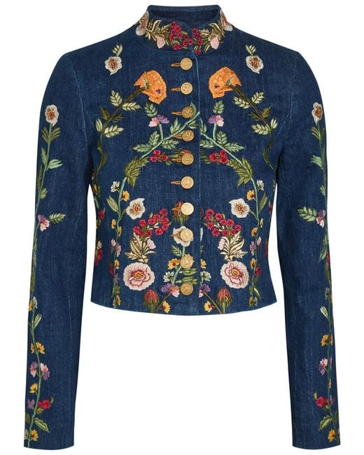 Alice + Olivia Blue Emerson Floral-Embroidered Stretch-Denim Jacket