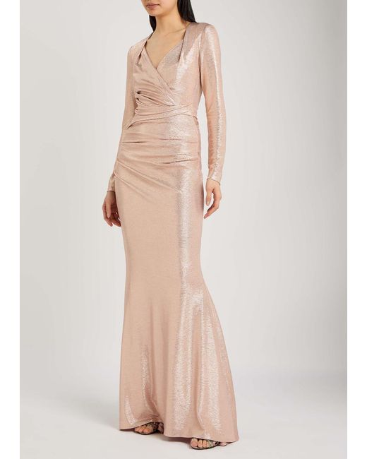 Talbot Runhof Natural Wrap-Effect Lamé Gown