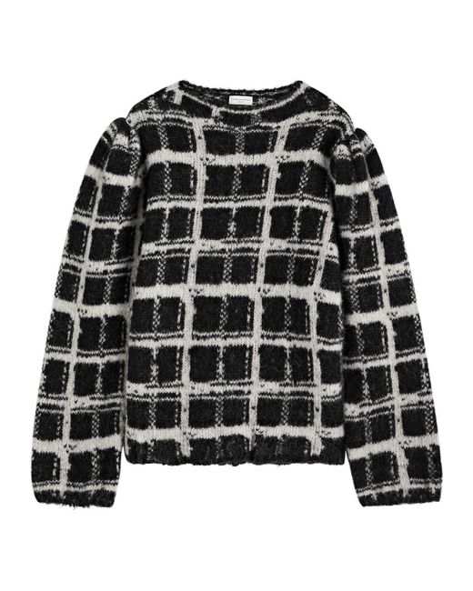 Dries Van Noten Black Checked Alpaca-Blend Puff-Sleeve Jumper