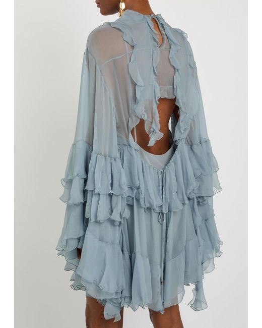Chloé Blue Ruffled Tiered Silk-Chiffon Mini Dress