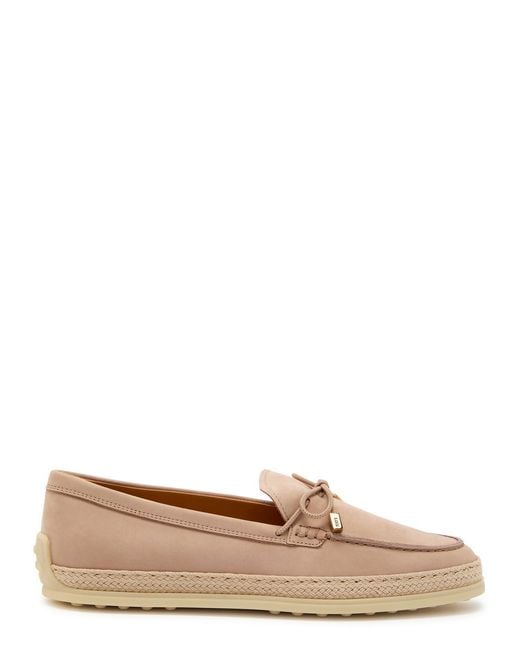 Tod's Brown Raffia-Trim Suede Loafers