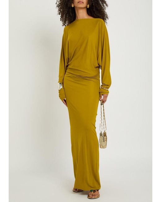 De La Vali Yellow Devana Open Back Jersey Maxi Dress
