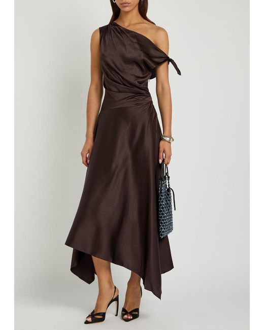 Staud Brown Portia Asymmetric Stretch-Silk Midi Dress