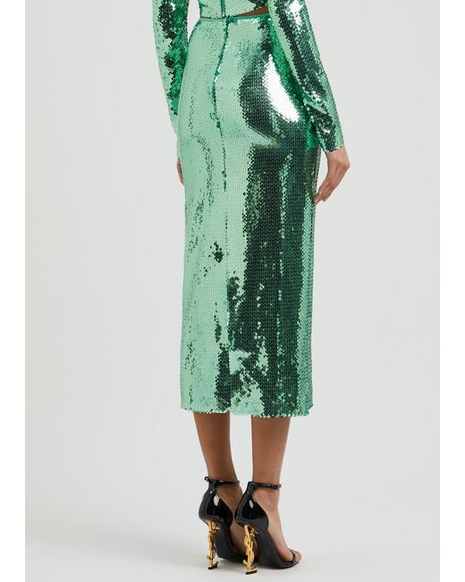 David Koma Green Sequin-Embellished Midi Skirt