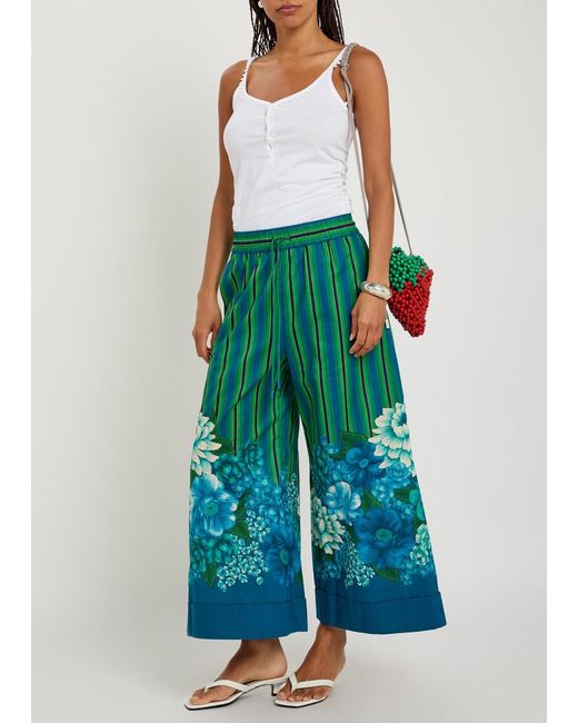 ALÉMAIS Blue Margo Striped Wide-Leg Cotton Cropped Trousers