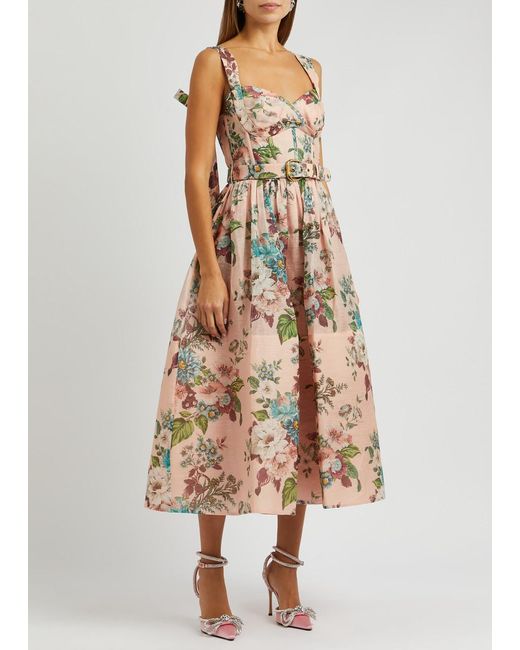 Zimmermann Natural Matchmaker Floral-print Linen-blend Midi Dress