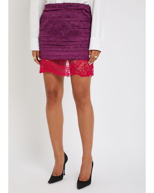 Saint Laurent Purple Tiered Floral-Jacquard Woven Mini Skirt
