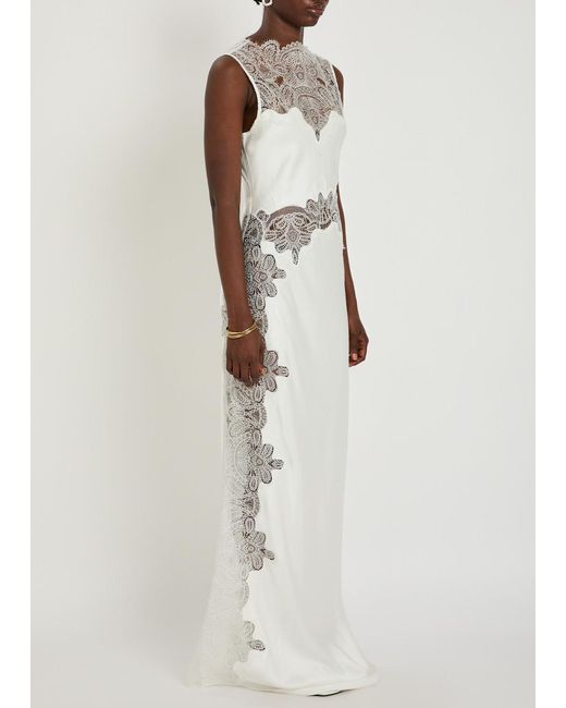 Shona Joy White Stratus High-Neck Lace Satin Maxi Dress