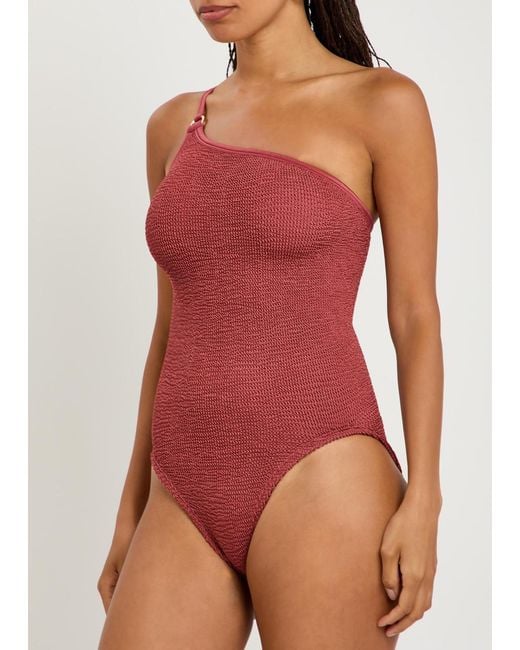 Hunza G Red Clara One-Shoulder Crinkle Swimsuit