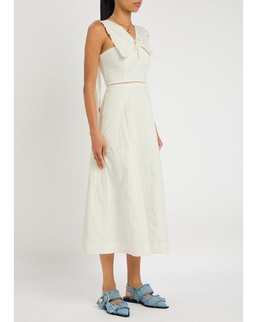 Damson Madder White Fan Fan Embroidered Cotton Midi Dress