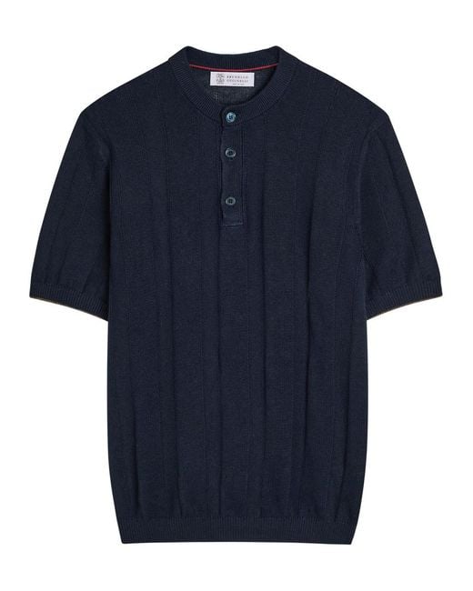 Brunello Cucinelli Blue Ribbed Linen-Blend T-Shirt for men