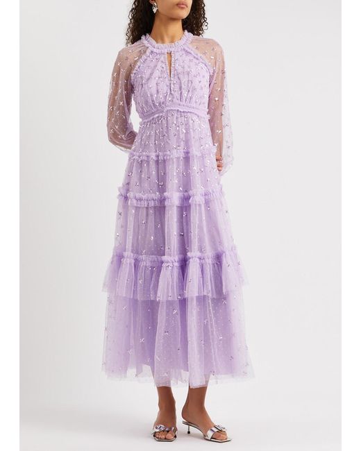 Needle & Thread Purple Kisses Sequin-embellished Tiered Tulle Gown