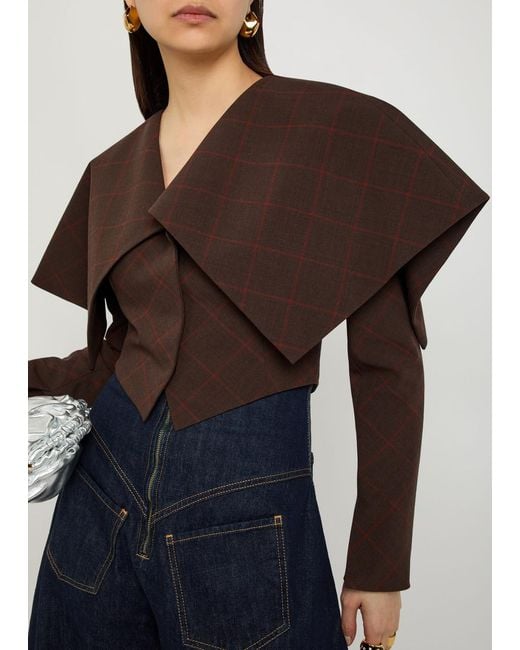 A.W.A.K.E. MODE Brown Oversized-Collar Checked Cropped Jacket