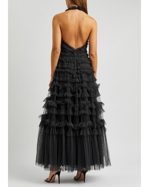 Needle & Thread Black Lisette Ruffled Tulle Gown