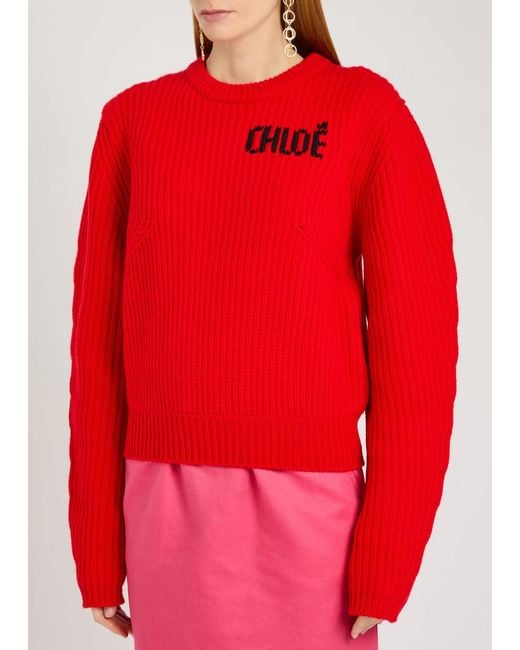 Chloé Red Logo Wool And Cashmere-Blend Jumper