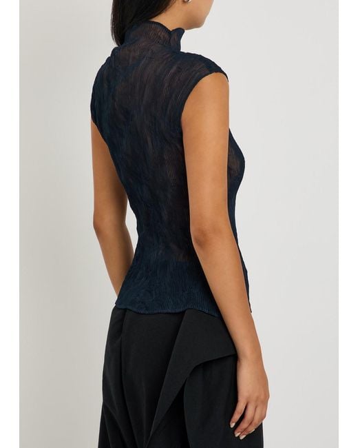 Issey Miyake Blue Twist Pleated Semi-Sheer Chiffon Top