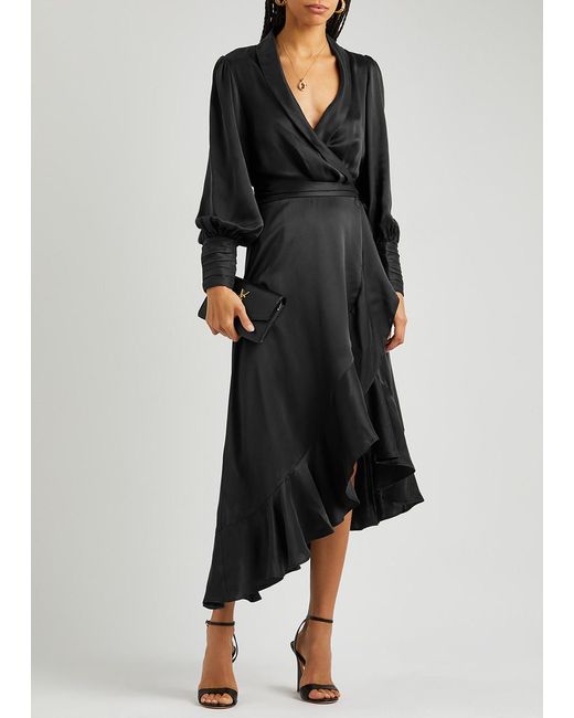 Zimmermann Black Ruffled Silk-satin Midi Wrap Dress