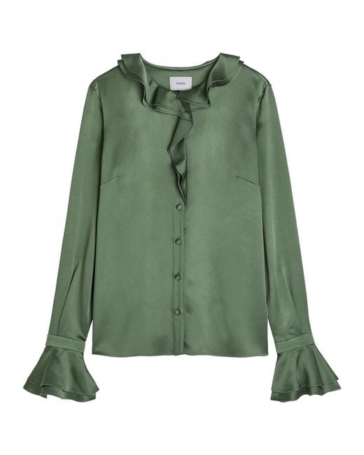 Erdem Green Ruffled Satin Blouse