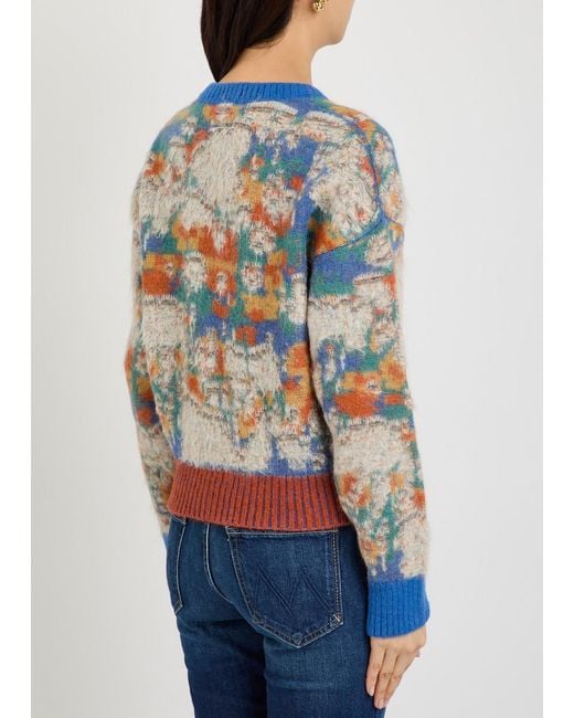 Mother Blue The Crop Varsity Printed Alpaca And Wool-Blend Jumper