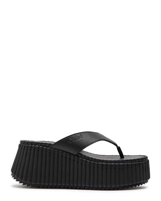 Chloé Black Nama 80 Thong Leather Wedge Sandals