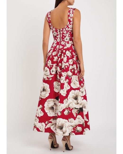 Alice + Olivia Red Oriana Floral-Print Stretch-Cotton Maxi Dress