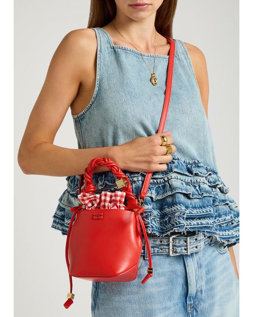 Ganni Bou Mini Leather Bucket Bag in Red | Lyst