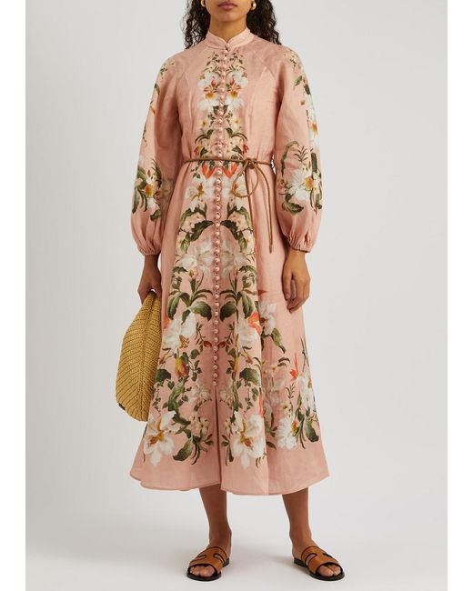 Zimmermann Natural Lexi Billow Floral-print Linen Midi Dress