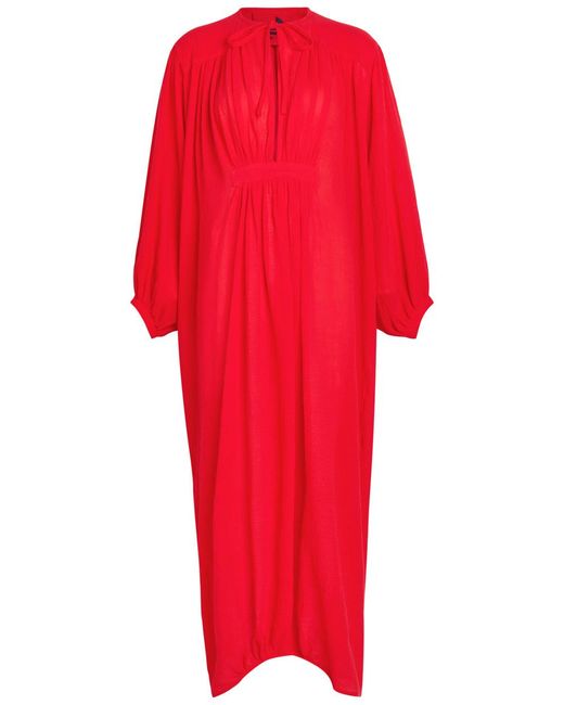 Les Vacances d'Irina Red Hazy Nipple Pleated Cotton Midi Dress