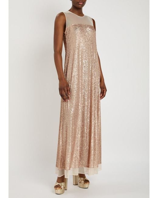 Norma Kamali Natural Sequin-Embellished Mesh Maxi Dress